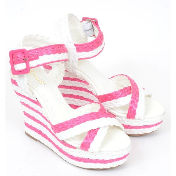 Venus Jess Women's 9 Hot Pink Stripe Platform Wedge Sandals Feminine Colorful - Picture 6 of 8